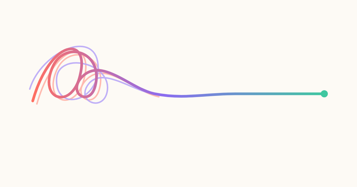 A tangled coral and purple line loosening into a calm, straight green line.
